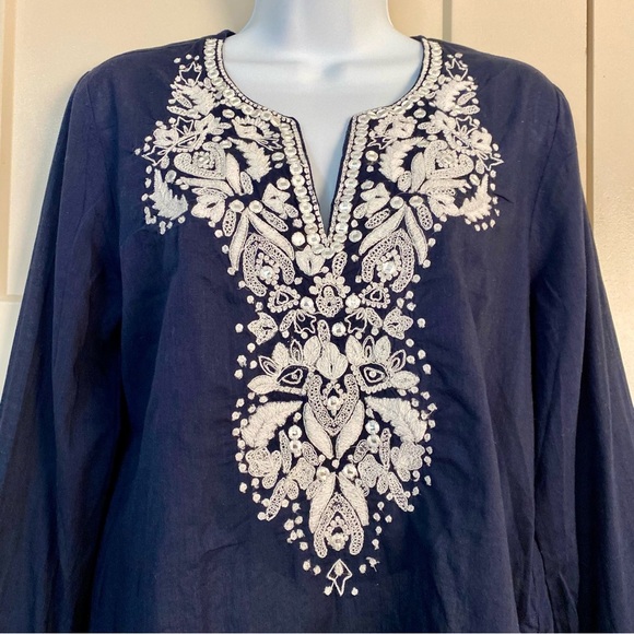 Karen Kane Navy Embroidered Tunic Top Size XS Cotton Summer Cruise Vacation - Picture 2 of 12